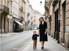 走在街头手牵手的母子图片